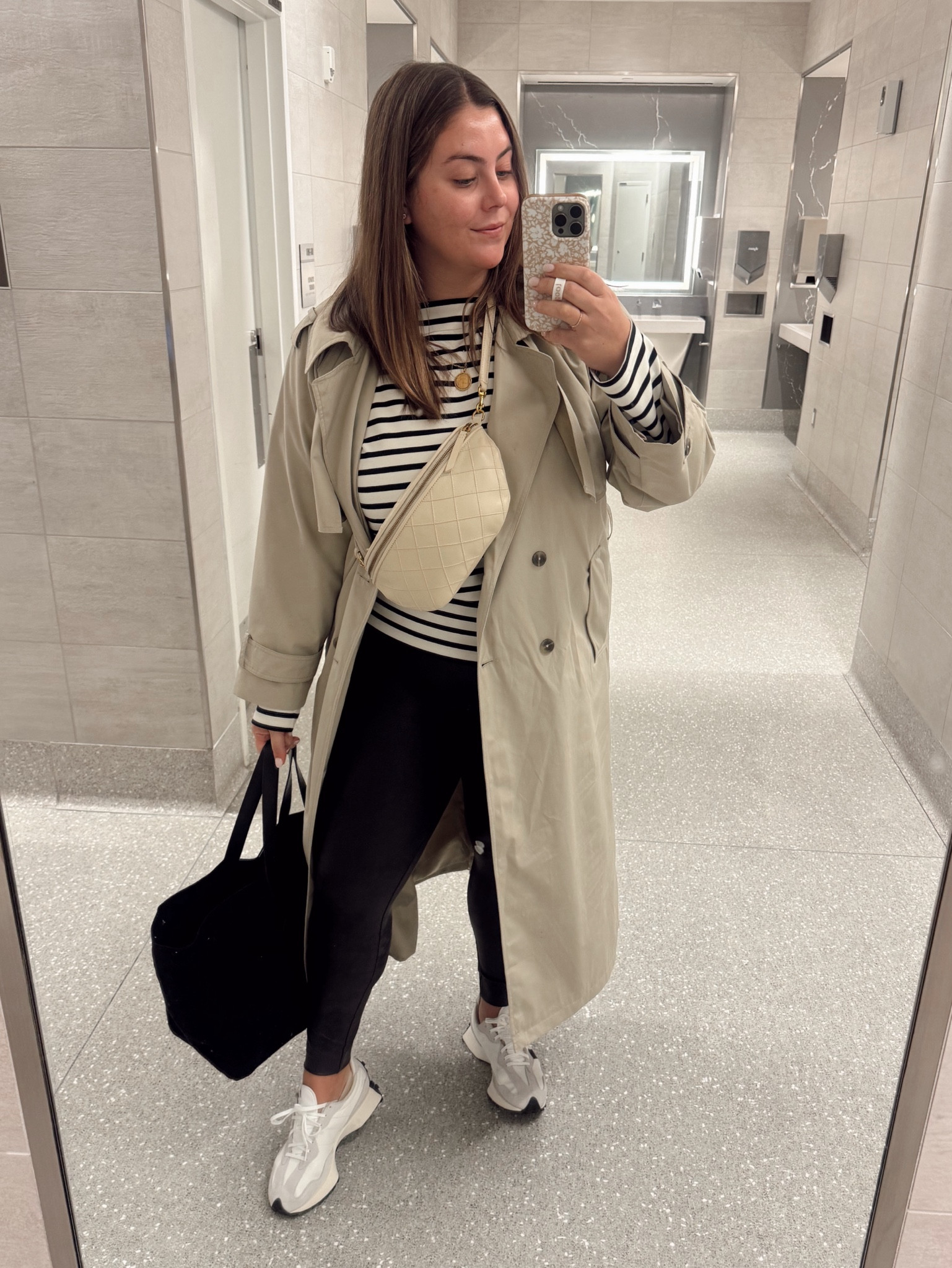 Travel outfit inspo - wearing size XL in trench coat, 1X in striped top, 1X in leggings (use CARALYN20 at Spanx). Use CARALYN20 at Oak and Luna! 

#LTKMidsize #LTKStyleTip #LTKTravel