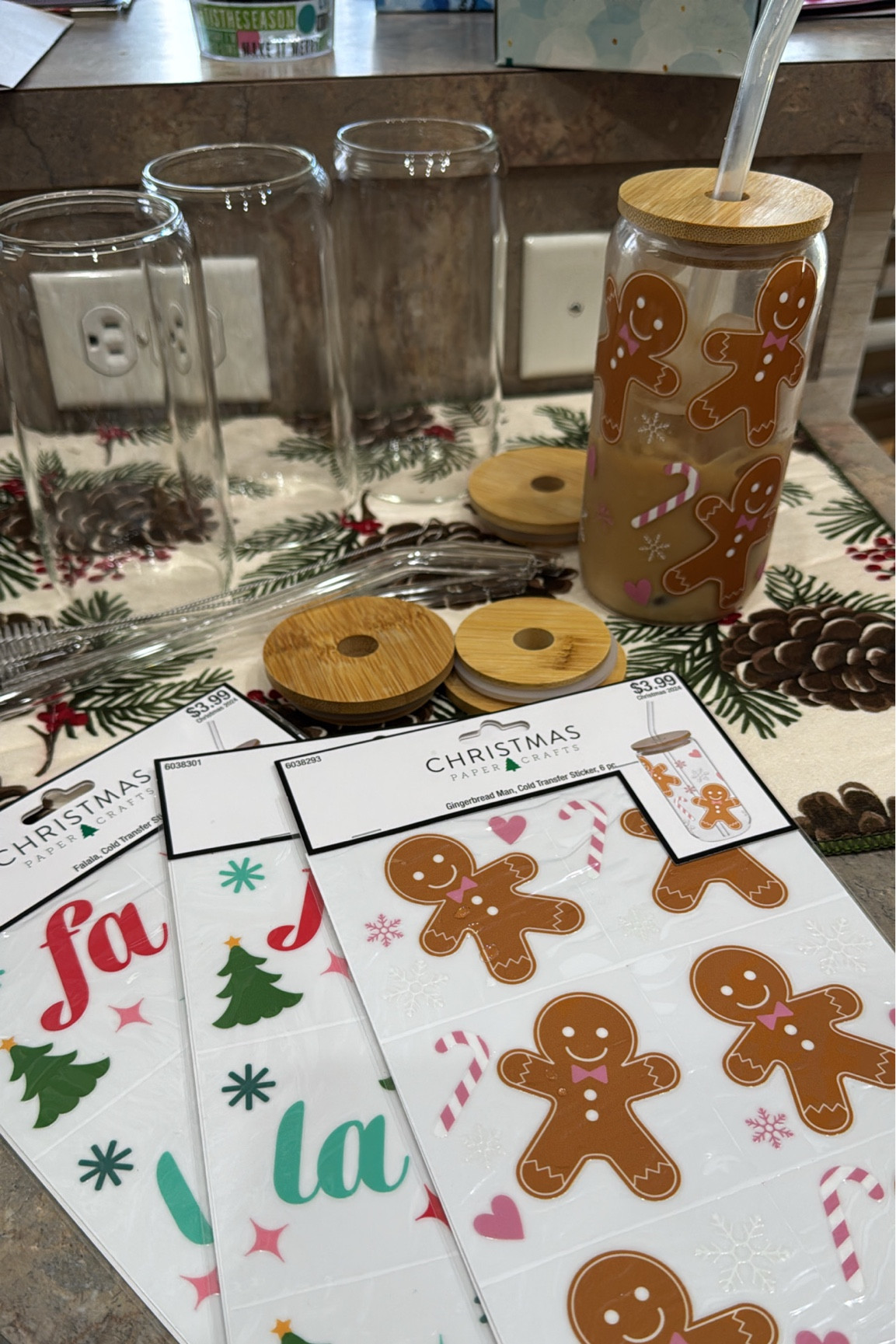 Christmas DIY:  Glass tumblers with Christmas cold transfer sticker. 
Found the stickers at Hobby Lobby 50% off. Linked similar ones  

Iced coffee 
Christmas crafts
DIY Christmas gift
Gingerbread tumbler 

#LTKGiftGuide #LTKHoliday #LTKHome