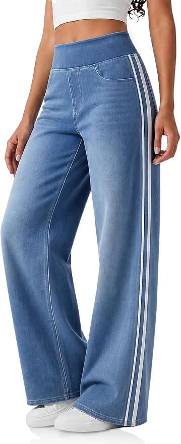 Cicy Bell Womens Pull On Jeans Wide Leg Stretchy Side Striped Denim Pants | Amazon (US)