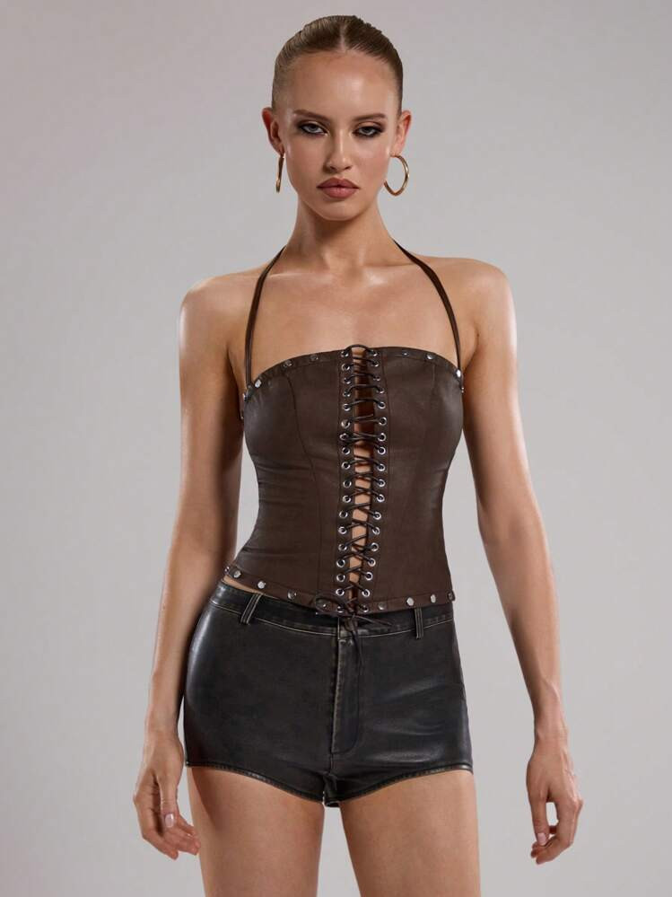 SHEIN BAE Women's Summer Backless Halter Leather Top, Brown Sexy Criss-Cross Strap Solid Color Clubbing, Festival, Concert, Hippy, Retro,Rave Top | SHEIN