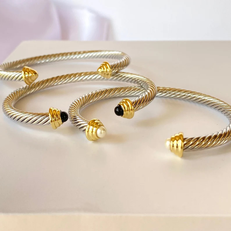 18k Gold filled cable bracelet, bangle bracelet set, stack bracelet, pearl cuff bracelet, gold cu... | Etsy (US)