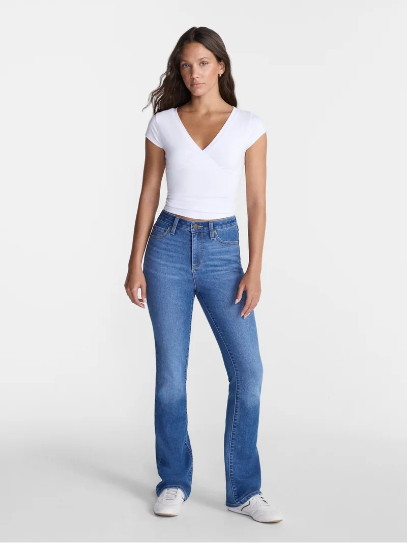No Boundaries Surplice Top with Cap Sleeves, Women\u2019s XXS-XXL | Walmart (US)