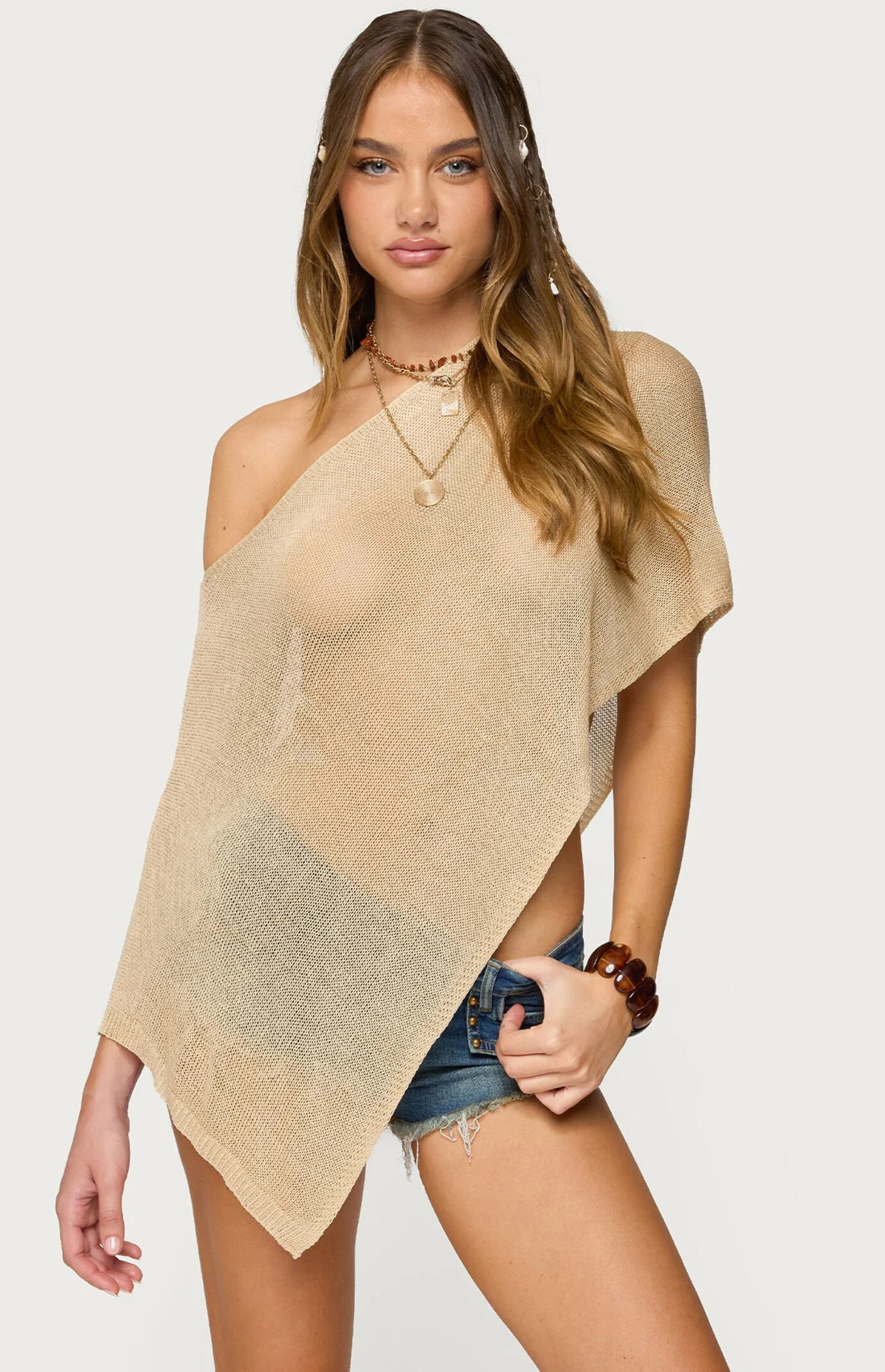 Edikted Women's Azalia Asymmetric Knit Poncho in Beige - Size XL | PacSun
