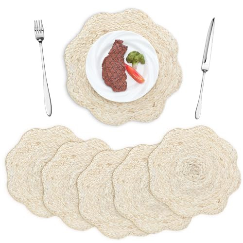 6 Set 13 Inch Round Scalloped Woven Placemats Boho Rattan Natural Hand Woven Place Mats Farmhouse... | Amazon (US)
