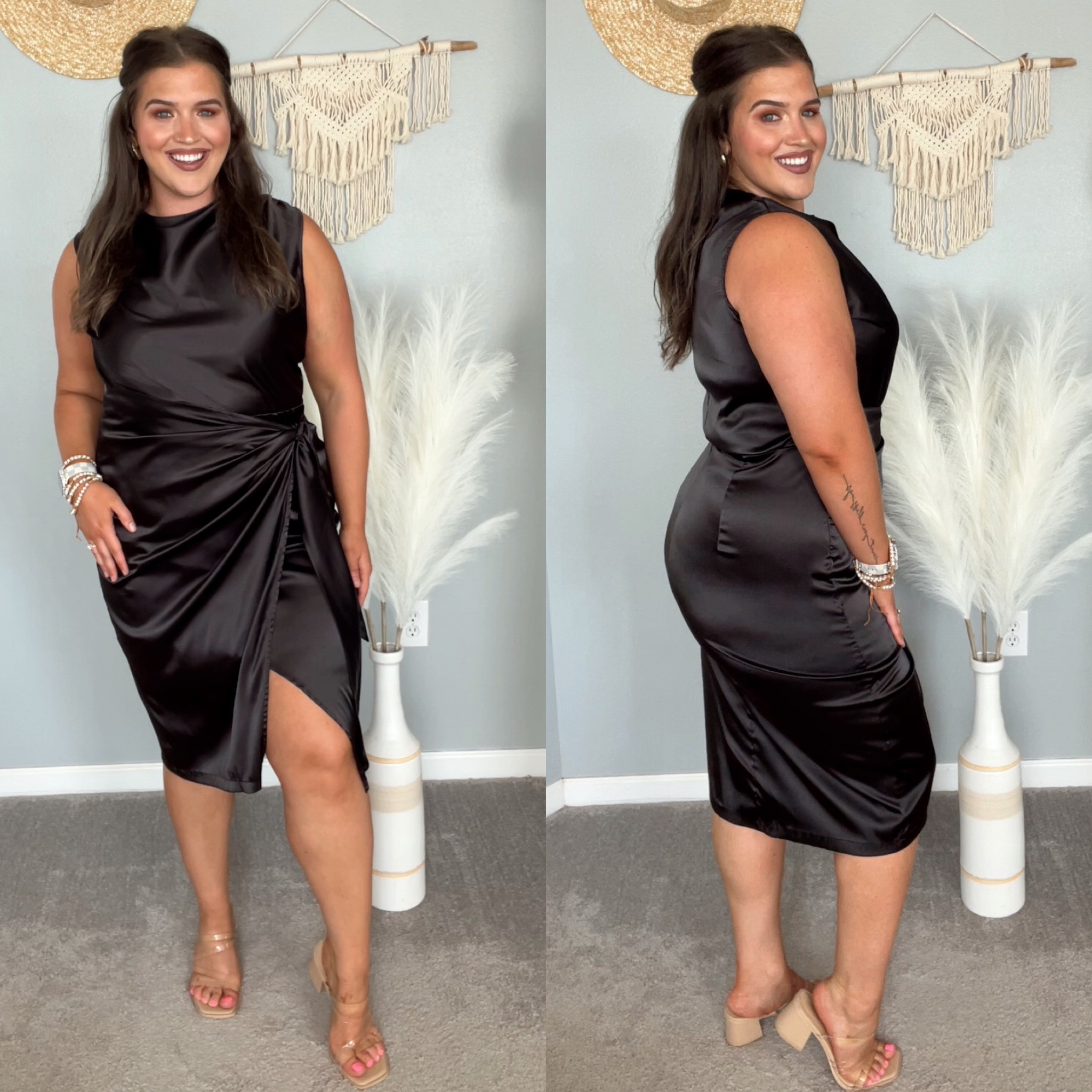 Midsize Fall wedding guest dress👗💒🥂
Size: XL 
#midsizeoutfits #ootn #weddingguest #formalwear #blacktie #weddingguestoutfit #gown #satin #minidress #lbd #littleblackdress #heels 

#LTKwedding #LTKmidsize #LTKcurves