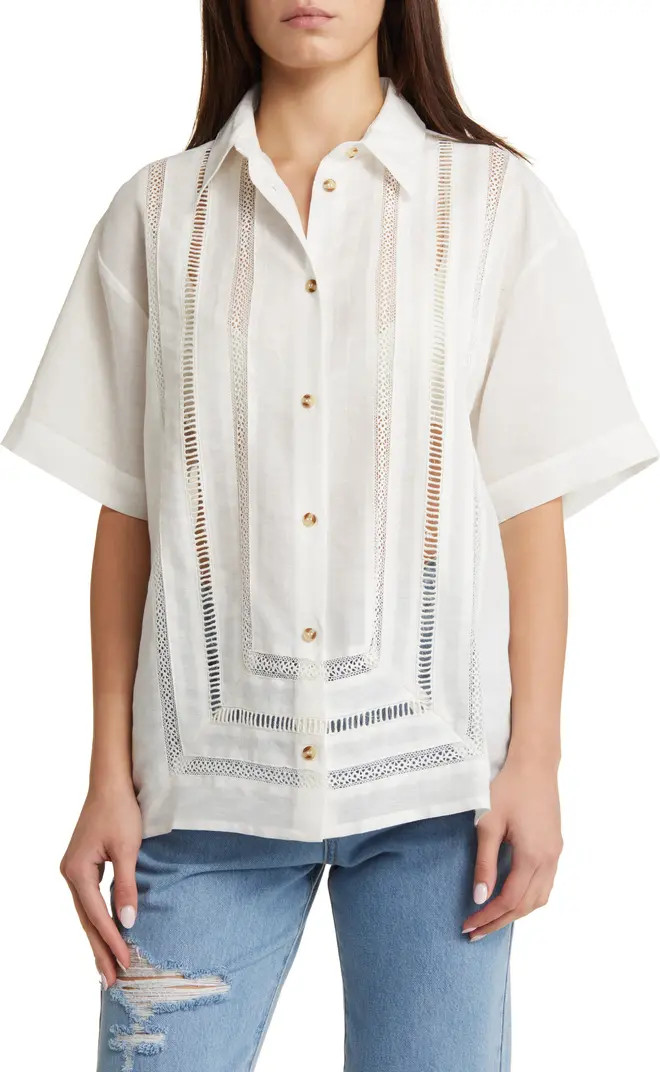 Ladder Stitch Semisheer Cotton & Linen Button-Up Shirt | Nordstrom