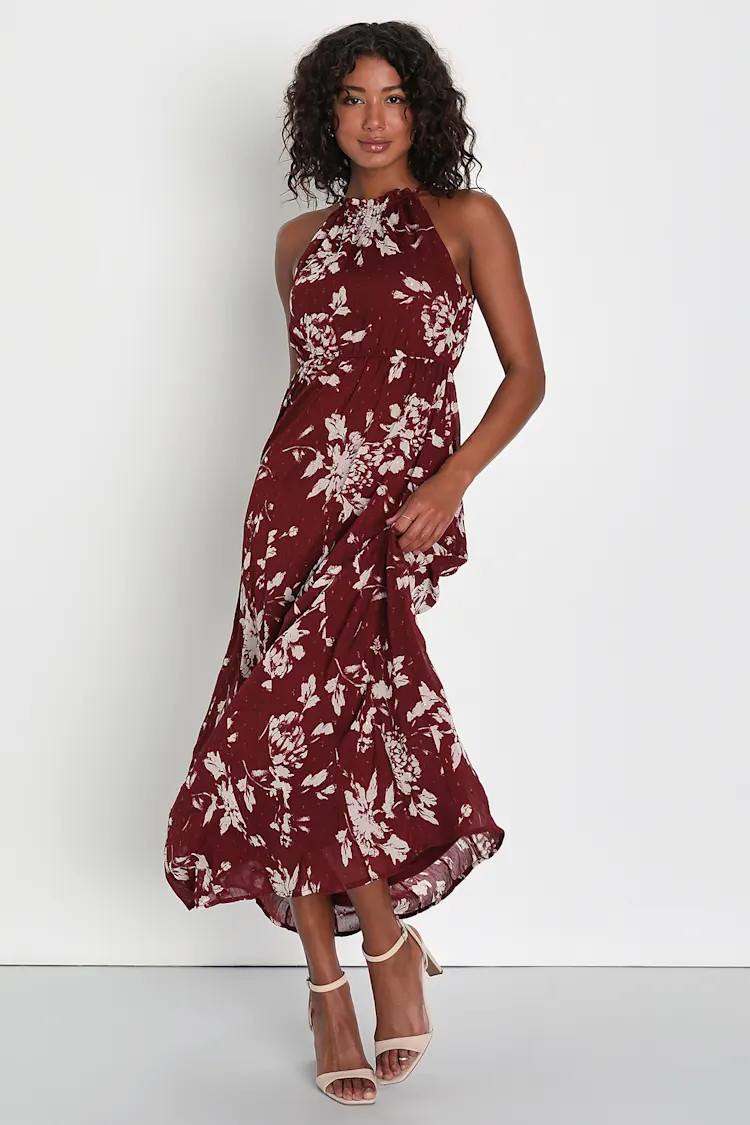 Instinctive Impression Wine Red Floral Print Clip Dot Maxi Dress | Lulus