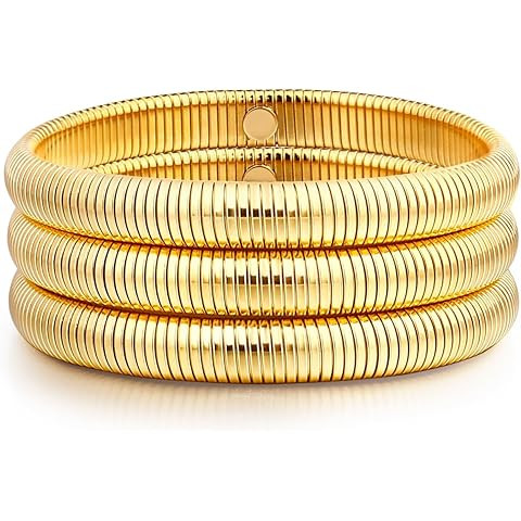 PAVOI Stainless Steel 14K Gold Plated Waterproof Flexible Stretch Chunky Bangle for Women | Cobra... | Amazon (US)