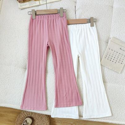 2pcs Girls Casual Vertical Ribbed Soft Knit Flare Pants, Pink & White, Suitable For Outings And Gatherings, Spring/Autumn | SHEIN
