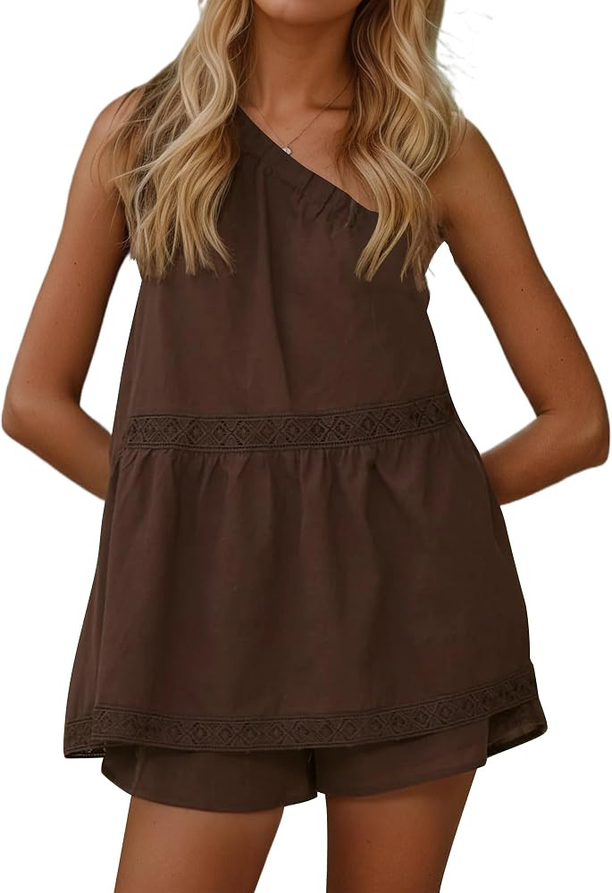 Women 2 Piece Outfits One Shoulder Top and High Elastic Waist Shorts Sets Casual Summer Vacation ... | Amazon (US)