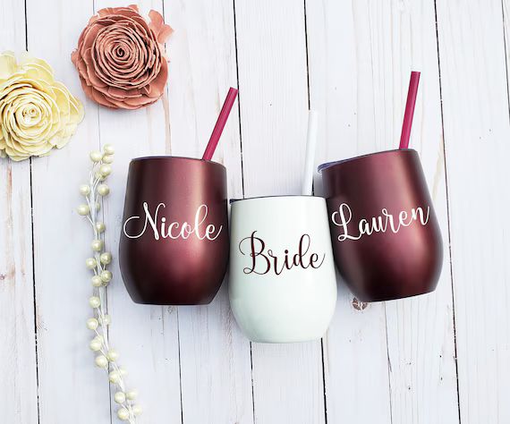 Bachelorette Party Favors, Bridesmaid Gift, maroon Cups, Bride and Bridesmaid Cups, Stemless Wine... | Etsy (US)