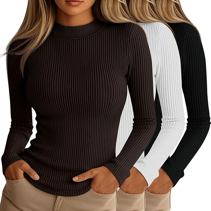 Riyiper 3 Pack Women's Ribbed Shirts, Mock Turtleneck Long Sleeve Tops Slim Fitted Undershirts Ca... | Amazon (US)