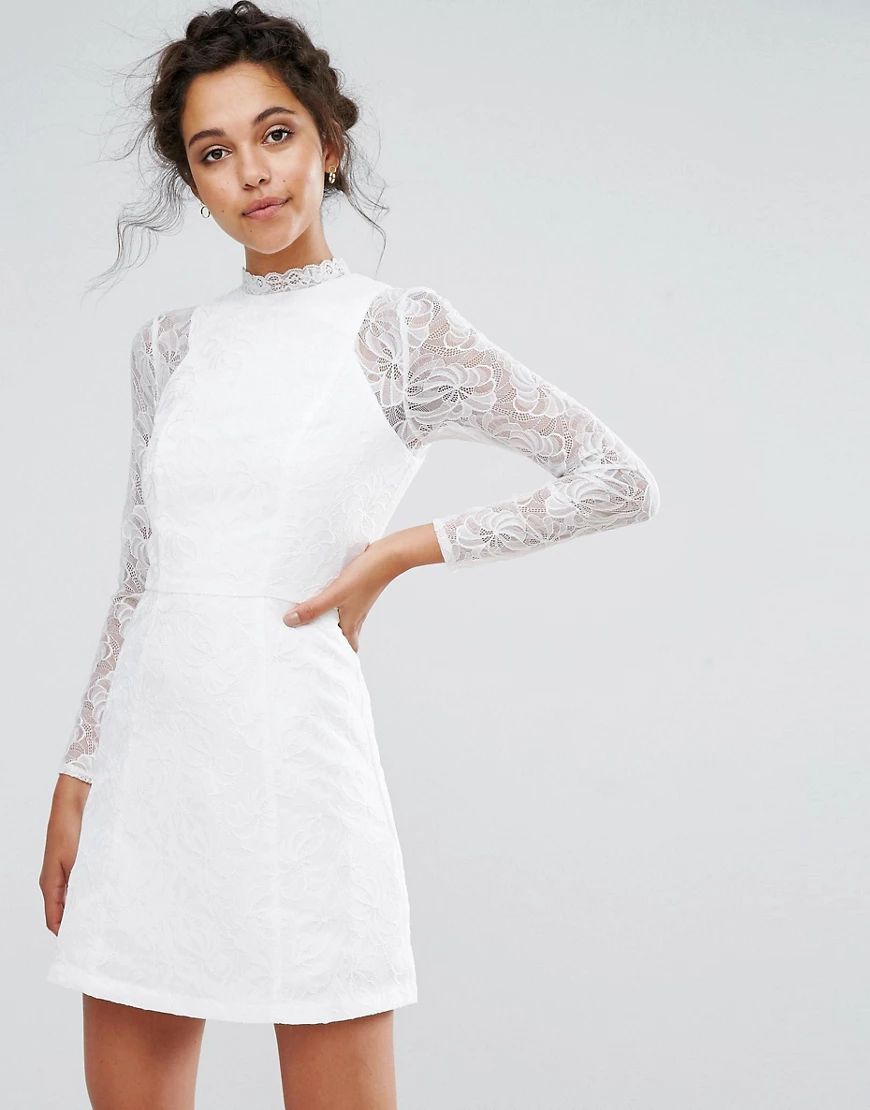 Chi Chi London Lace A Line Mini Dress with Long Sleeves-White | ASOS (Global)