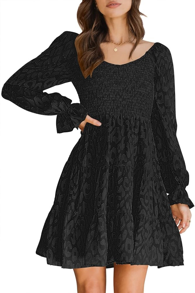 ANRABESS Women's Rounded V Neck Puff Long Sleeve Smocked Ruffle Flowy A-Line Tiered Babydoll Short M | Amazon (US)