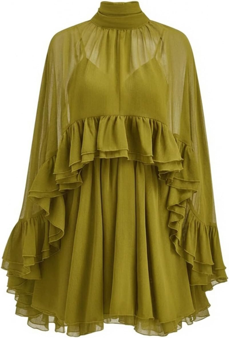 Women’s Semi Sheer Chiffon Ruffle Dress with Outer Cape | Amazon (US)
