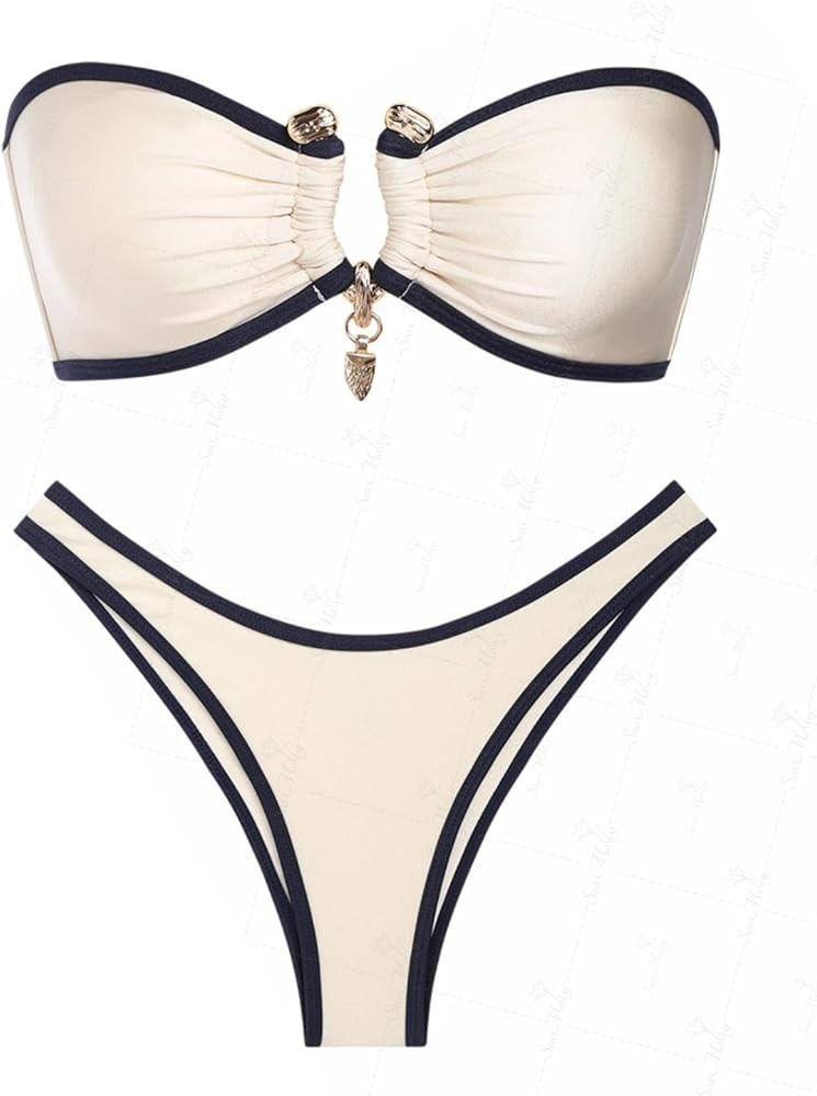 seamoly Ruched U-Ring Metal Tied Back Bandeau Top & Brazilian Bottom Bikini Set | Amazon (US)