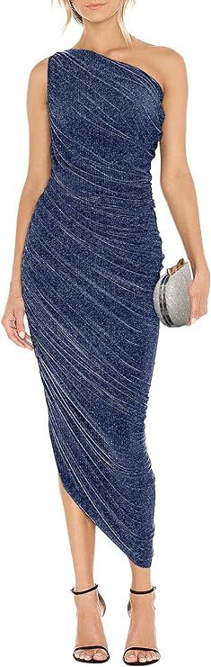 Women's One Shoulder Cocktail Dress Glitter Sexy Ruched Bodycon Irregular Hem Prom Formal Party M... | Amazon (US)