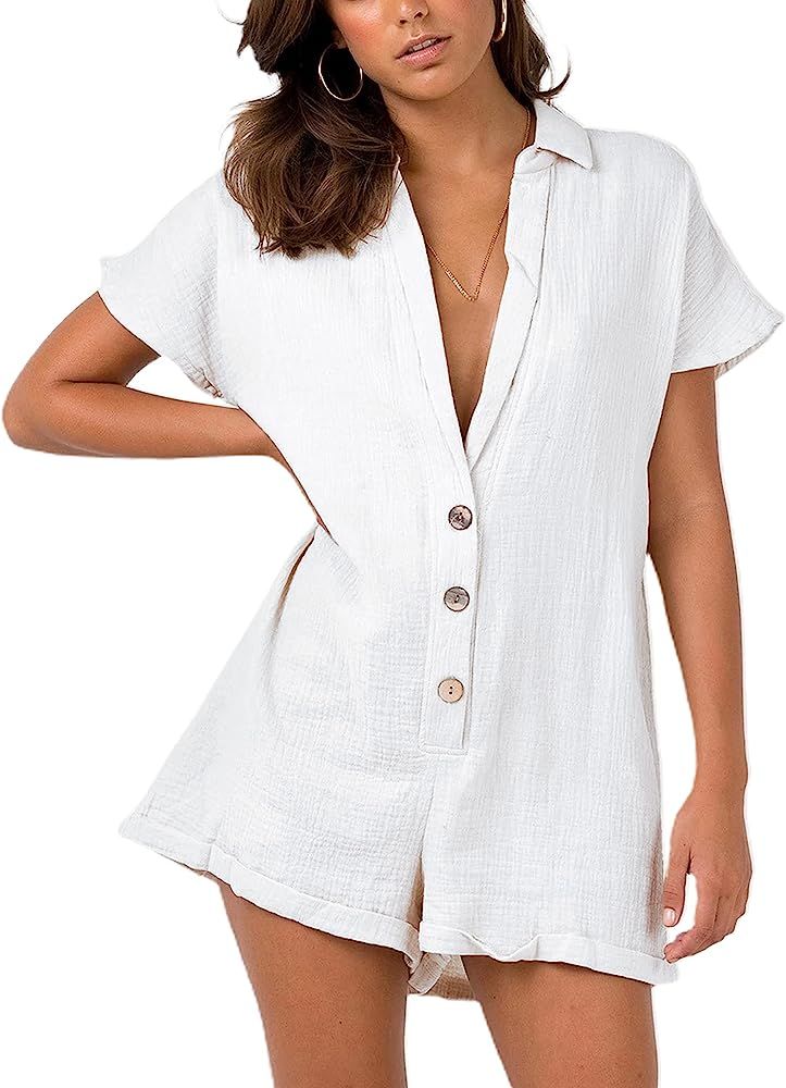 Hvewarm Women's Summer Cotton Linen Overalls Shorts Deep V Neck Lapel Playsuit Jumpsuit Shortalls | Amazon (US)
