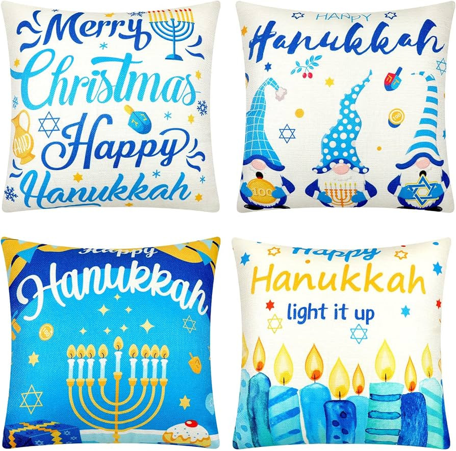 Happy Hanukkah Throw Pillow Covers Hanukkah Set of 4 Pillowcase 18 x 18 Inch Jewish Christmas Pil... | Amazon (US)