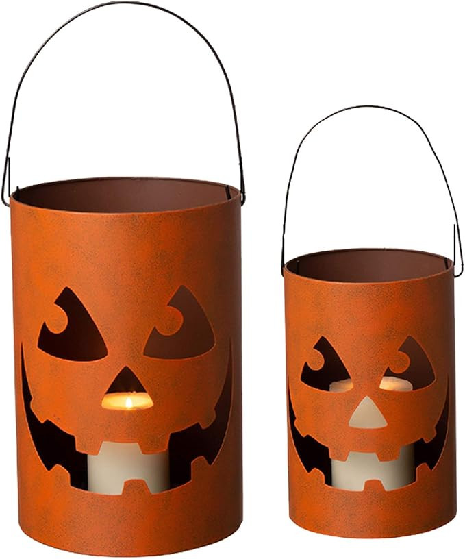 Glitzhome GH20040 Halloween Jack O Lantern Candle Holder Bucket Decoration, 11.02'H, Set of 2 | Amazon (US)