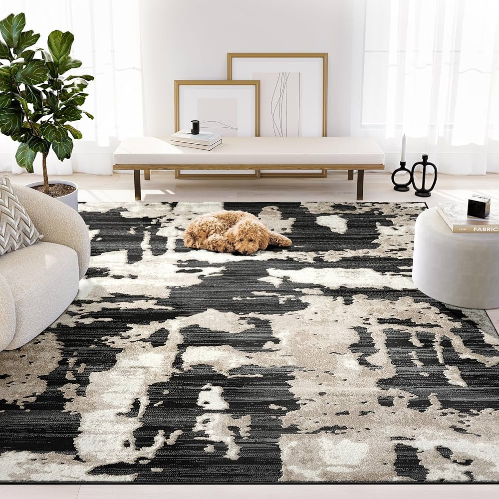 Abani Terra Cream Area Rug for Living Room, Bedroom - Black Abstract Pattern - 6' x 9' - Durable ... | Amazon (US)