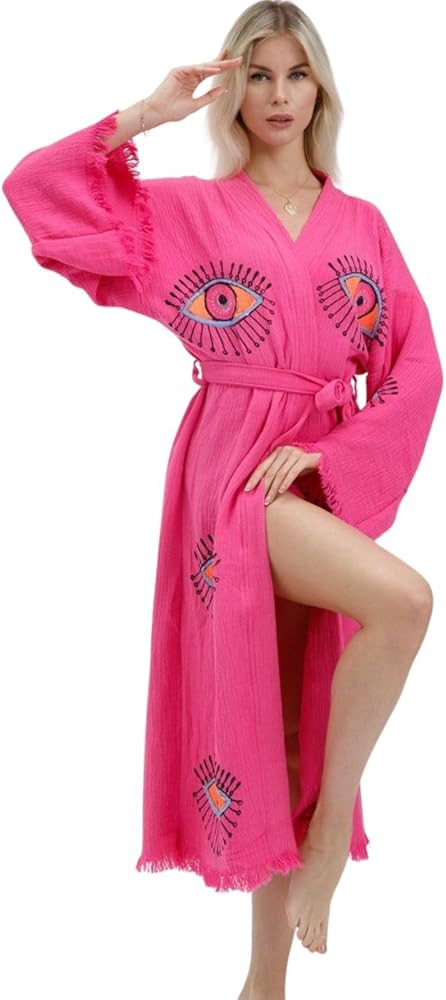 100% Turkish Cotton Evil Eye Kimono Robe – Hand Printed Caftan Beach Cover Up – Boho Festival... | Amazon (US)