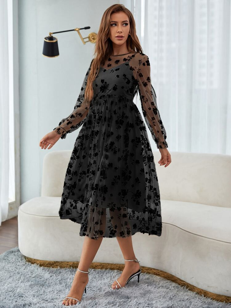 Floral Mesh Overlay Dress | SHEIN