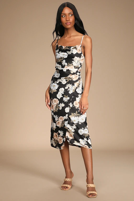 Hollywood Woman Black Floral Print Satin Midi Dress | Lulus (US)