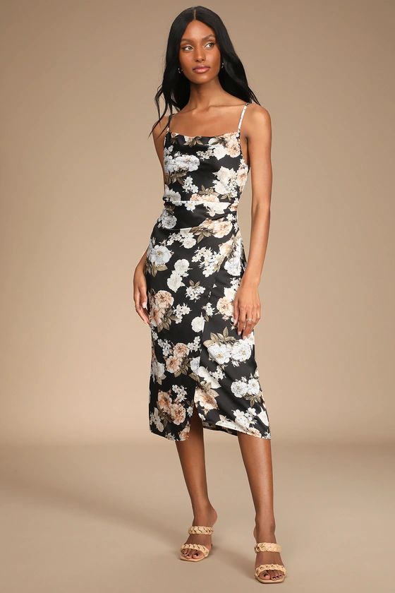 Hollywood Woman Black Floral Print Satin Midi Dress | Lulus (US)