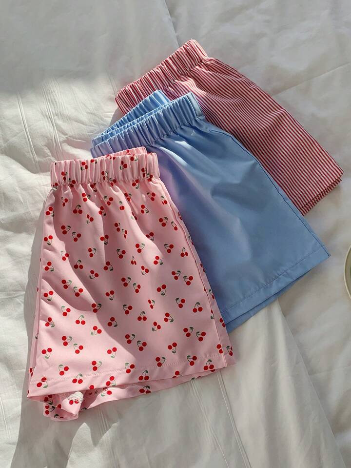 Comfortcana 3pcs/Set Women Elastic Waist Cherry & Striped Pattern Loose Casual Shorts Shorts For Summer | SHEIN