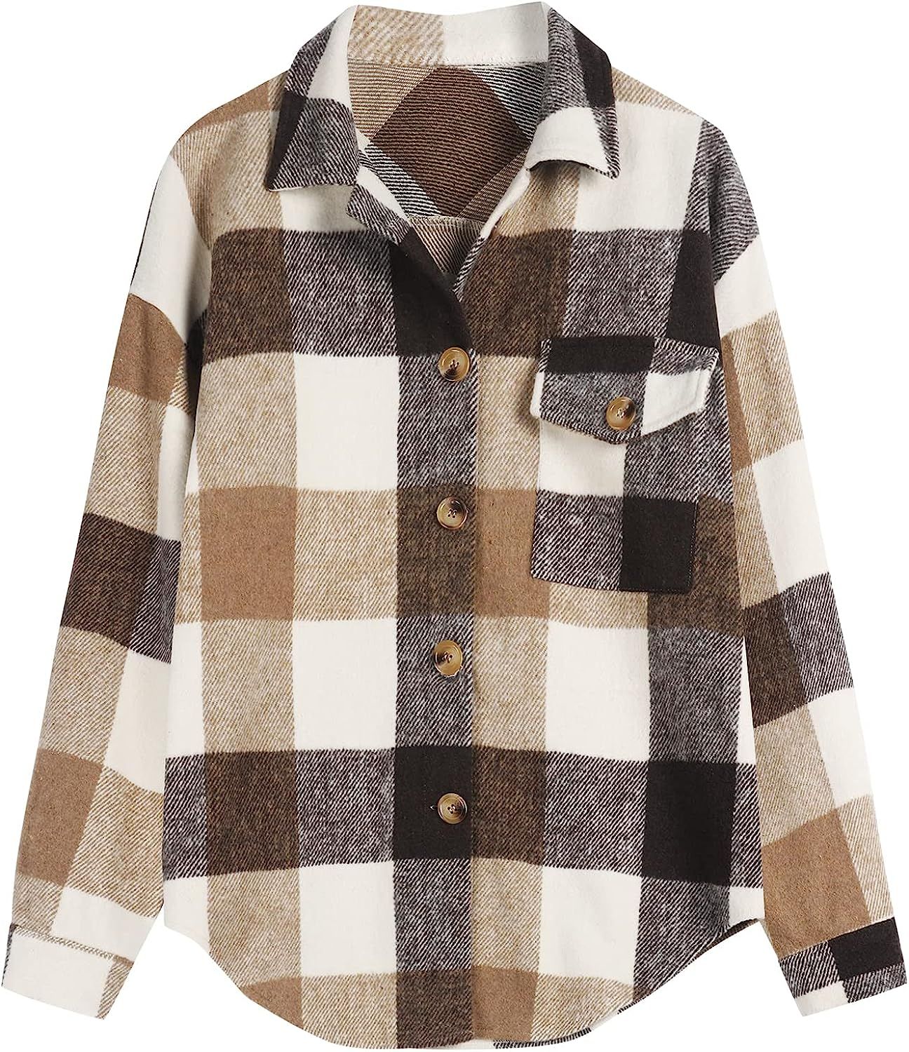 ZAFUL Women's Plaid Shirts Long Sleeve Button Down Wool Blend Flannel Shirts Shacket | Amazon (US)