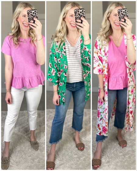 Daily try on, Walmart outfit, Walmart fashion, time and tru, workwear, teacher outfit, peplum tee, white jeans, cropped kick flare jeans, floral cardigan, floral kimono 

#LTKunder50 #LTKstyletip #LTKFind