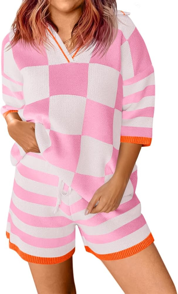 Aoysky Womens 2 Piece Outfits Sweater Sets Color Block Striped Half Sleeve V Neck Knit Tops Short... | Amazon (US)