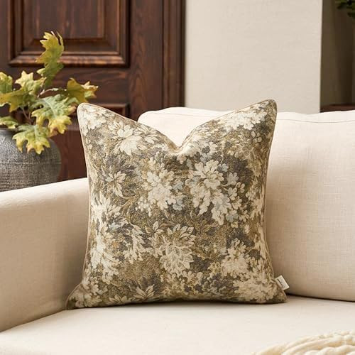 Yangest Neutral Floral Pillow Cover 18 x18 Inches, Vintage Chenille Square Throw Pillow Cover Sof... | Amazon (US)