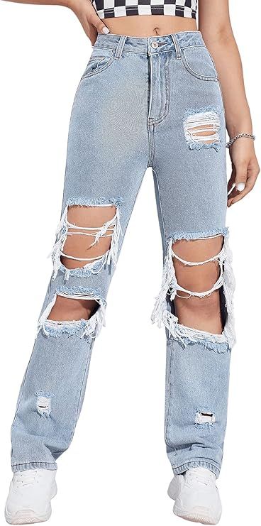 SweatyRocks Women's Ripped Straight Leg Jeans High Waist Distressed Cutout Denim Pants | Amazon (US)