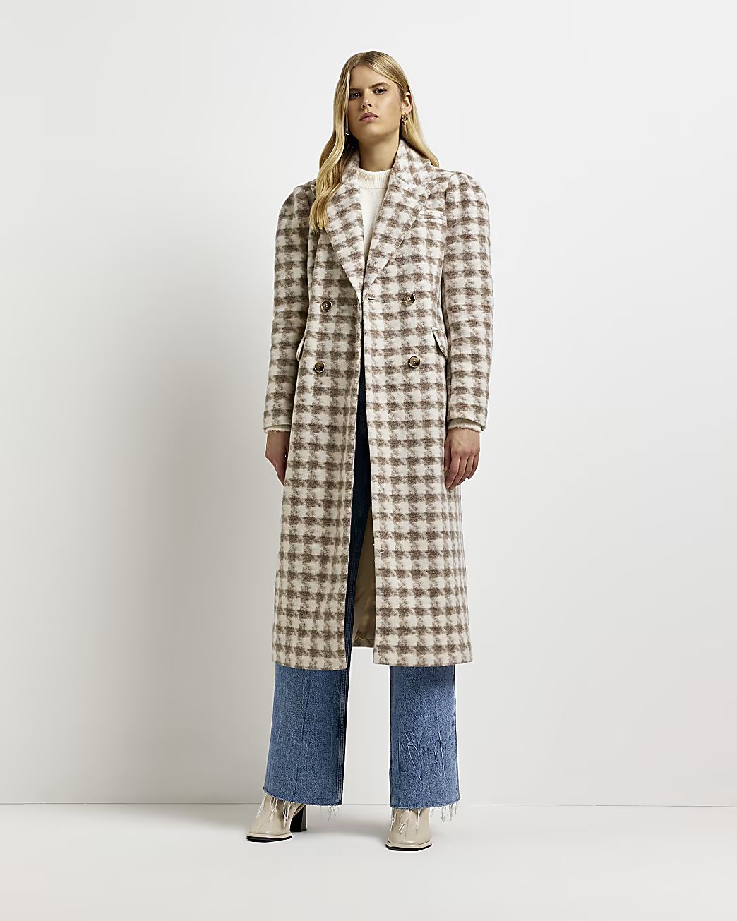 Cream dogtooth wool longline coat | River Island (US)