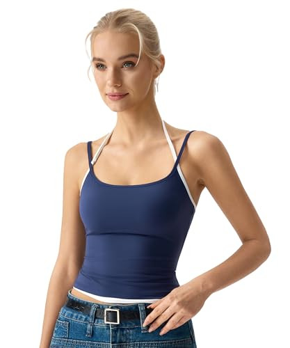 QINSEN Women's Cropped Tank Top Slim Fitting Layered Halter Neck Adjustable Straps Sleeveless Cam... | Amazon (US)