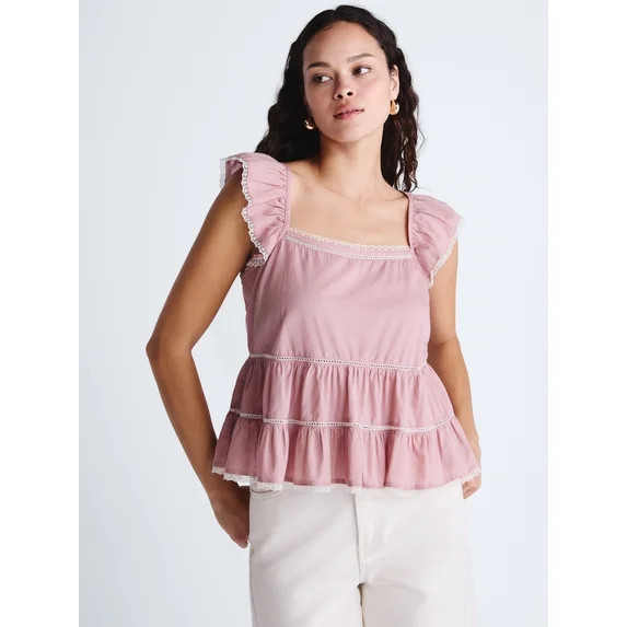 Scoop Women’s Flowy Lace Cotton Top, Sizes XS-XXL | Walmart (US)