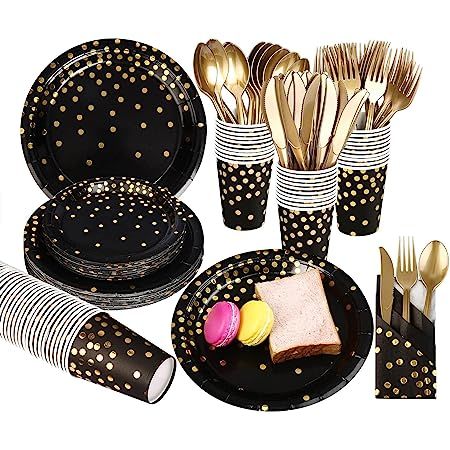Black and White Party Bundle, Includes Plates, Napkins, Cups, and Cutlery (24 Guests,144 Pieces) | Amazon (US)