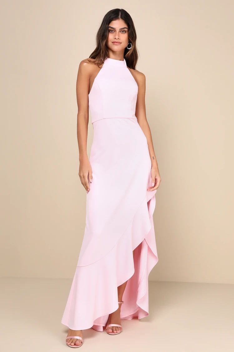 Majestic Perfection Light Pink Ruffled Halter Maxi Dress | Lulus