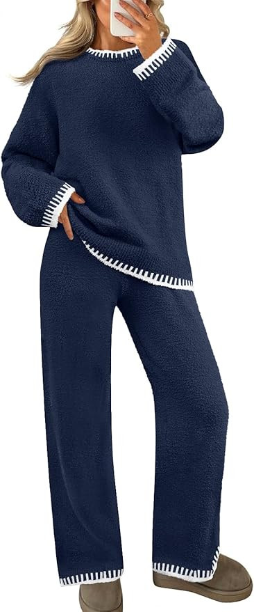MEROKEETY Women's 2 Piece Fuzzy Fleece Lounge Sets Long Sleeve Top Wide Leg Pants Sweater Pajama ... | Amazon (US)