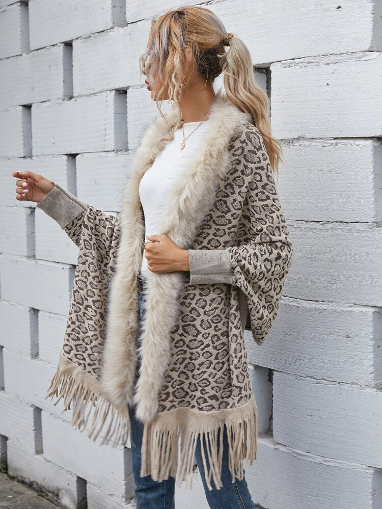 Contrast Faux Fur Leopard Print Fringe Hem Cardigan | SHEIN