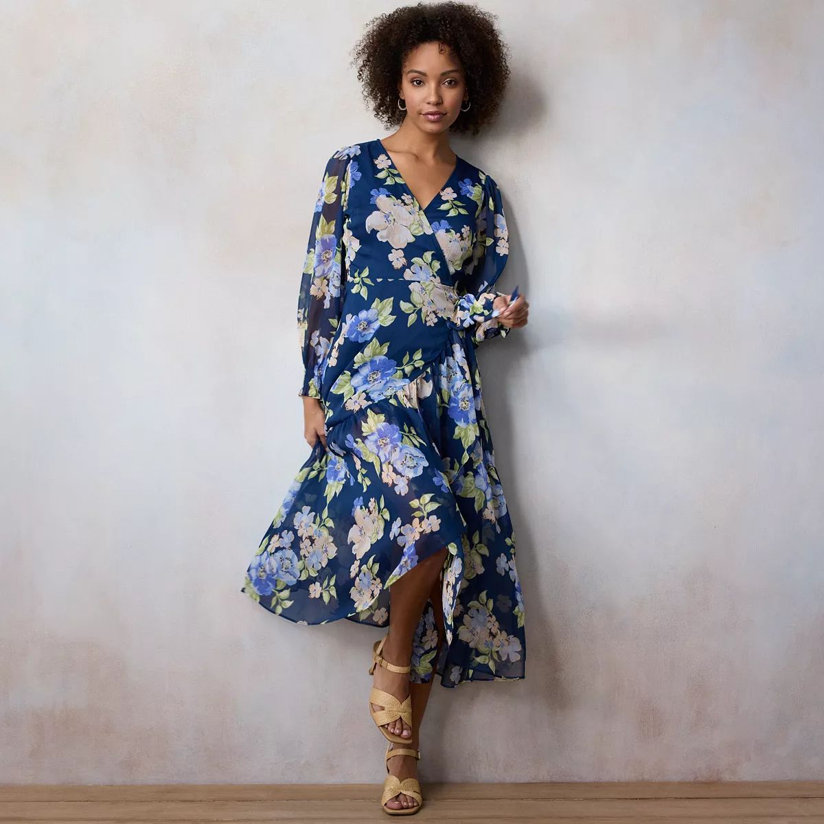 Women's LC Lauren Conrad Floral Print Chiffon Pleated High-Low Wrap Maxi Dress | Kohl's