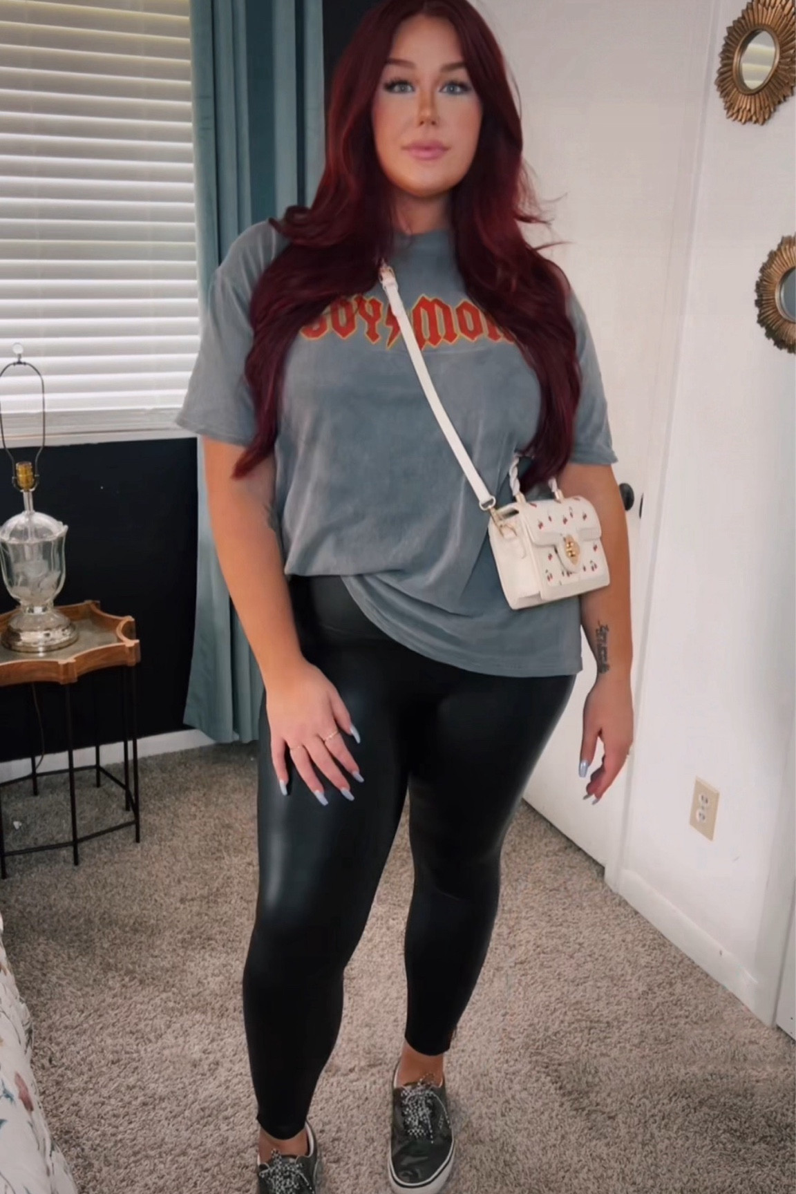 Oversized tee paired with leather leggings and vans 

Top from hubs n hers, bag from TikTok
XL in leggings 

#LTKFindsUnder50 #LTKMidsize #LTKSaleAlert
