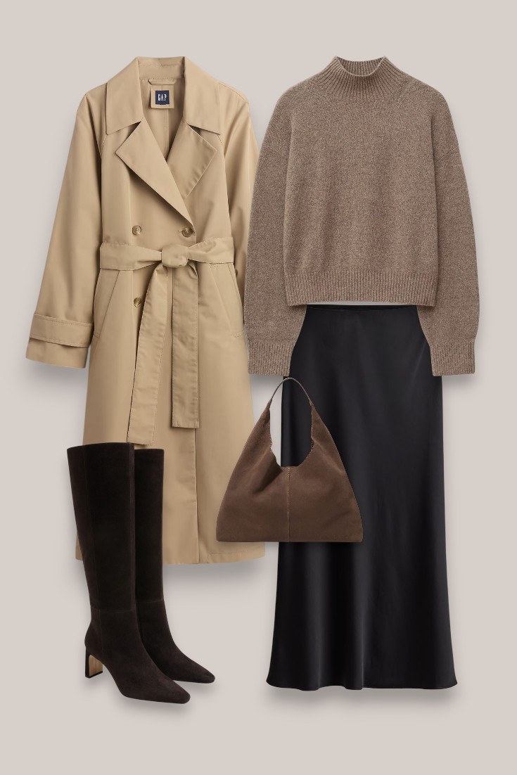 Love the mix of textures in this one 🤎 A satin midi skirt, cosy brown knit, suede bag and knee-high boots make the classic trench feel much more autumnal. #satinskirt #trenchcoatoutfit #fallstyle #autumnfashion 

 #LTKautumn #LTKdatenight #LTKshoes