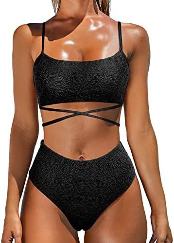 OMKAGI Women's 2 Pieces Bandeau Bikini Swimsuits Off Shoulder High Waist Bathing Suit High Cut | Amazon (US)