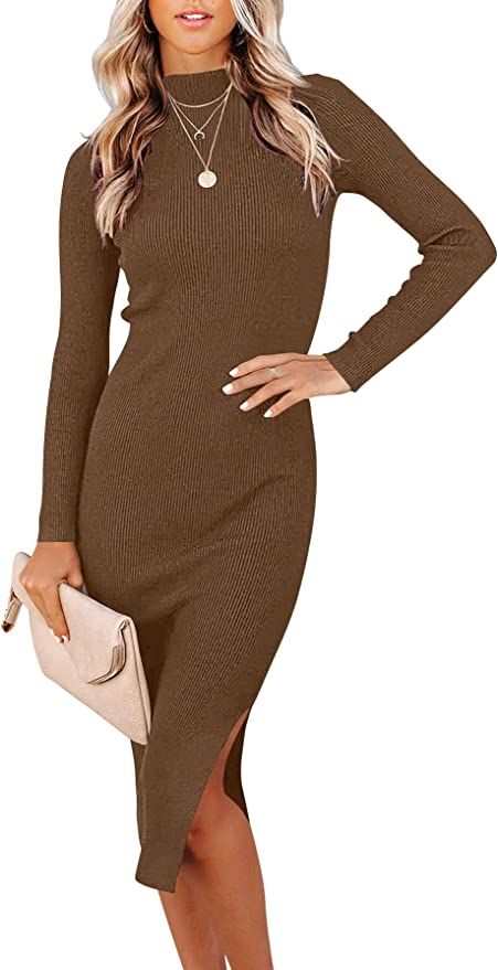 ANRABESS Women's Cowl Neck Long Sleeve Long Sleeve Soft Stretch Bodycon Midi Sweater Dress with S... | Amazon (US)