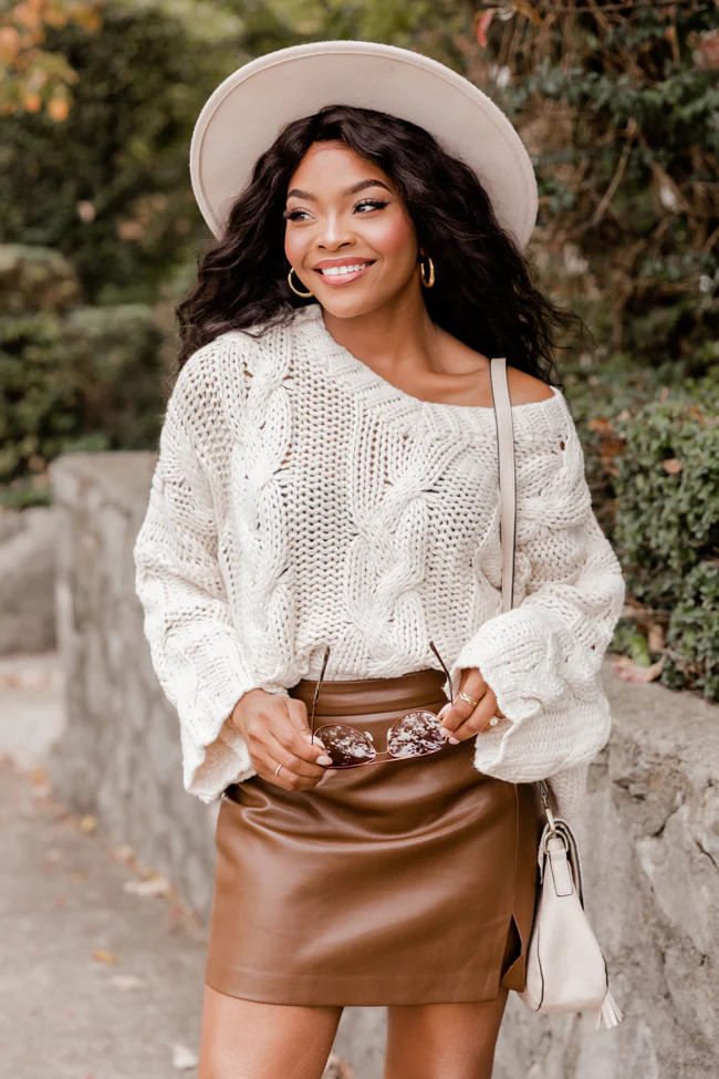 First Snowfall Cream V-Neck Cable Knit Sweater | Pink Lily