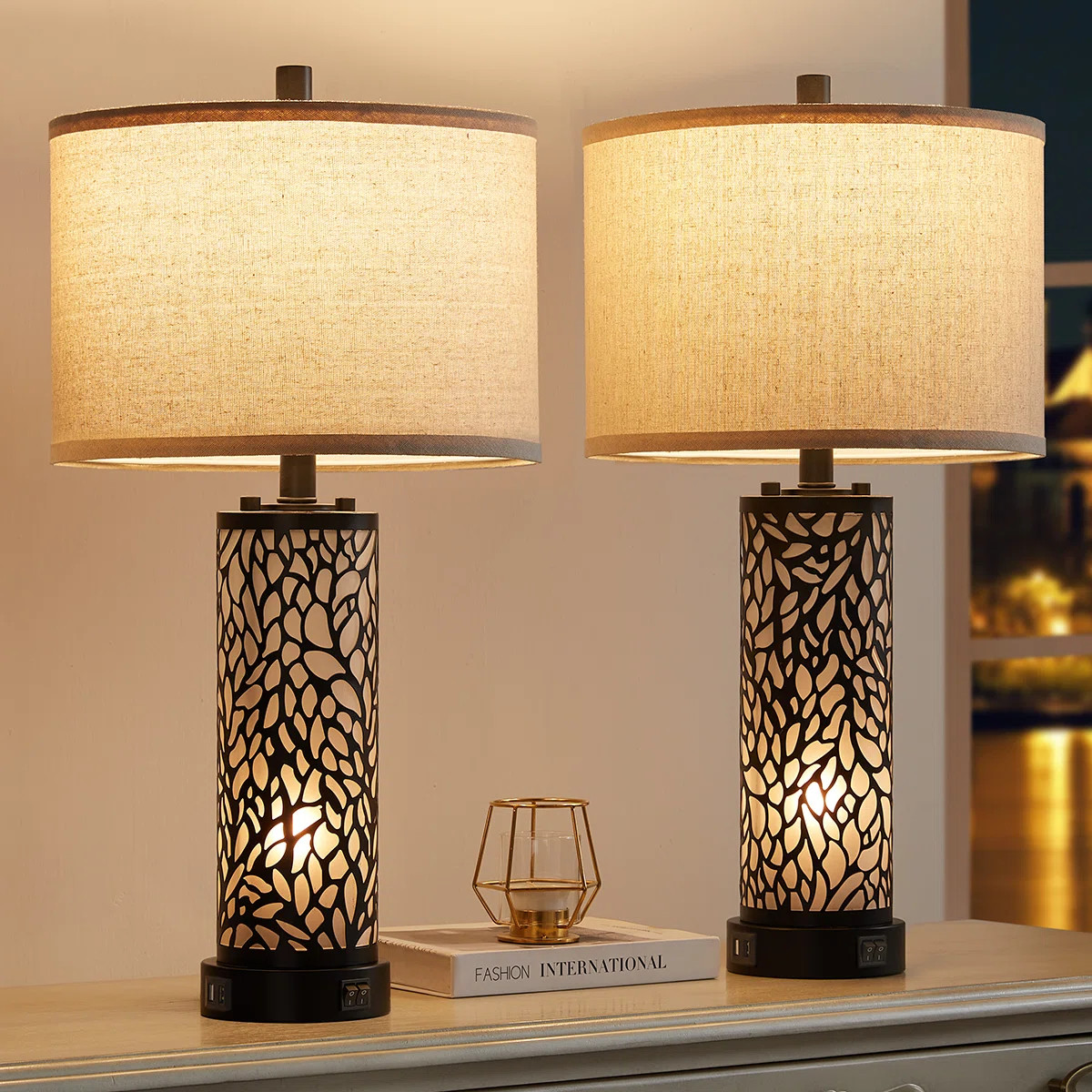 Ivy Bronx Hendrike 25" Carved Metal+Glass Table Lamp Set With Night Light And USB Ports "& Review... | Wayfair North America