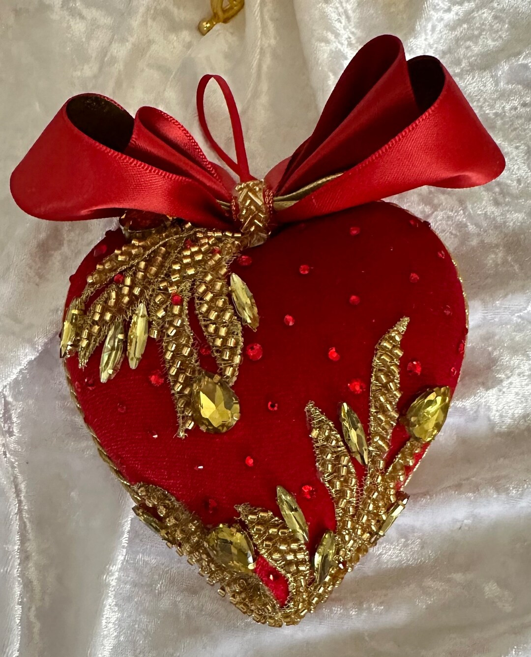 Regal Elegance: Valentines Red Velvet Hearts Ornaments With Gold Accents and Crystal Rhinestone ,... | Etsy (US)